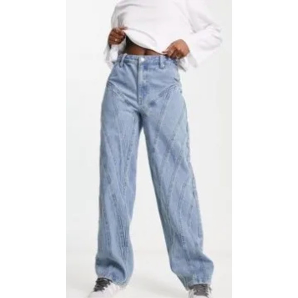 Diagonal Seam Wide Leg Jean in Mid Wash-Blue Signature 8 Dad Jeans - Picture 1 of 8